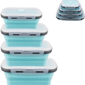 4 stuks opvouwbare voedseldozen met deksel, silicagel, koelkastcontainer, opvouwbare voedselcontainer voor magnetron, vriezer, BPA-vrij (A)