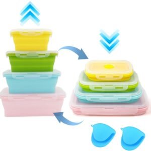 4 stuks ruimtebesparende rechthoekige voedselcontainers met deksels luchtdicht, draagbare bento-opbergsets voor kamperen en buiten picknicken, gemakkelijk schoon te maken, inklapbare siliconen