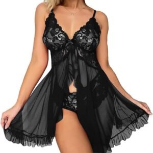 Babydoll Lencería Dames Nachthemd Van Transparante Kant en Mesh Camisón Babydoll Verleidelijke Slaapjurk Met Slip de Encaje Picardias Lencería Lingerie Set Voor Vrouwen