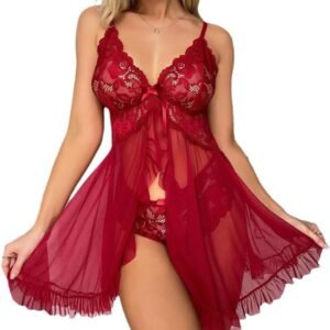 Babydoll sexy lingerie voor dames met G-string tanga ondergoed van kant comfortabel aan de voorkant open negligé transparant nachthemd