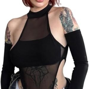 Dames lange mouwen Mock Neck Sheer Mesh Top Y2k Streetwear Rave Outfit
