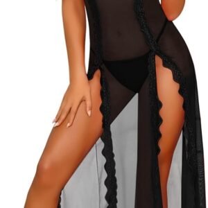 Dameslingerie, sexy, babydoll, kant, V-hals, semi-transparant, split, nachtkleding, elegante set