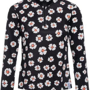 Emski - Skipully Dames - Daisy zwart en wit bloemen print - Thermo Pullover met Kwartrits voor Wintersport - Maat S