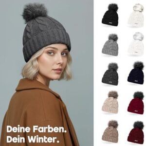 Gevoerde gebreide muts voor dames met pompon - Winteraccessoire in donkergrijs, Eén maat
