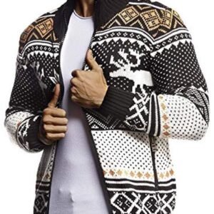 Grof Gebreid Herenvest met Opstaande Kraag - Noorse Patroon, Warme Winterjas, Slim Fit, Ideaal voor Kerstmis