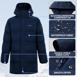 Heren Winterjas Lang Warm Winddicht Waterdicht Donsjack Parka met Capuchon