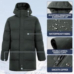 Heren Winterjas Lang Warm Winddicht Waterdicht Donsjack Parka met Capuchon Buiten