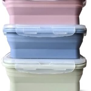 Lunchbox van siliconen, 3 stuks, opvouwbaar, herbruikbaar, siliconen, BPA-vrij, voor kamperen, wandelen, reizen, blauw (550 ml)