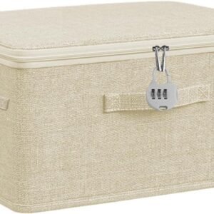 Opbergdoos met Deksel, Vouwbare Opbergmand van Stof 32 x 24 x 18 cm, Met Combinatieslot, Ideaal voor Kleding, Speelgoed en Organisatie in Beige