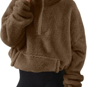 Oversized Dames Sweatshirt zonder Capuchon met Halve Ritssluiting en Zakken - Warm Fleecejack voor Winter en Herfst