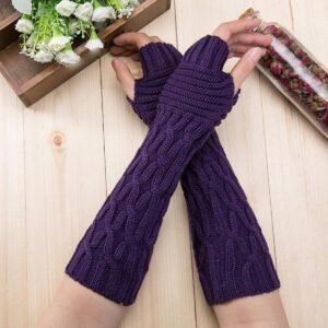 Paarse en bruine handschoenen, vingerloze wanten, handwarmers, gebreide handschoenen, vingerloze polsbandjes, damesmouwen, korte vingerloze handschoenen, gebreide vingerloze handschoenen, winterpolsbandjes