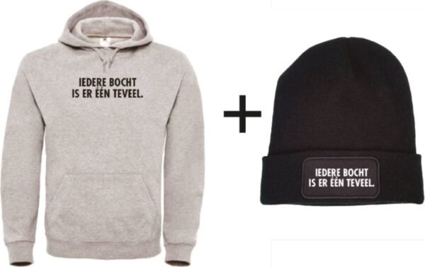 Set wintersport hoodie grijs L + muts - Iedere bocht is er één teveel - soBAD. | Foute apres ski outfit | kleding | verkleedkleren | wintersport beanie | wintersporttruien | wintersport dames en heren