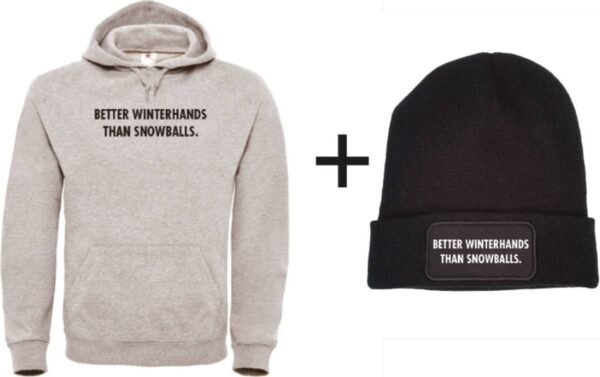 Set wintersport hoodie grijs M + muts - Better winterhands than snowballs - zwart - soBAD. | Foute apres ski outfit | kleding | verkleedkleren | wintersport beanie | wintersporttruien | wintersport dames en heren