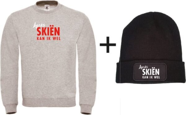 Set wintersport sweater grijs L + muts - Après skiën kan ik wel - soBAD. | Foute apres ski outfit | kleding | verkleedkleren | wintersport beanie | wintersporttruien | wintersport dames en heren
