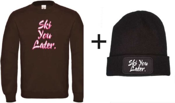 Set wintersport sweater zwart S + muts - Ski you later - soBAD. | Foute apres ski outfit | kleding | verkleedkleren | wintersport beanie | wintersporttruien | wintersport dames en heren