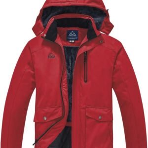 Ski-jack voor heren, warm en waterdicht, fleecejack, winterjas, outdoorjas, met afneembare capuchon, rood, XXL