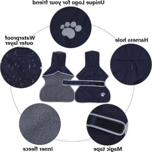 Warm waterdicht winterjack voor greyhounds met fleece voering, harnashole en verstelbare banden voor middelgrote en grote honden - Navy - L