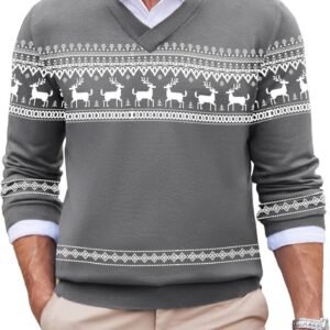 Warme Heren Kersttrui met V-hals en Feestelijk Print - Gebreide Winter Pullover