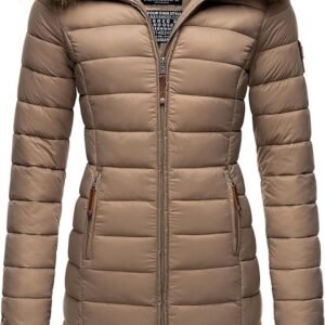 Warme gewatteerde lange winterjas dames met afneembare capuchon en imitatiebont