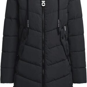 Warme zwarte gewatteerde winterjas met capuchon voor dames