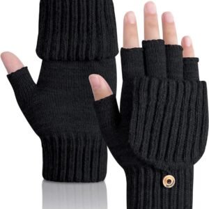 Winter Warme Vingerloze Handschoenen - Omkeerbare Thermische Mutsen voor Fotografie en Sport - Geschikt voor Mannen en Vrouwen - Zwart, One Size